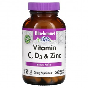 Bluebonnet Nutrition, витамины C, D3 и цинк, 100 растительных капсул - описание