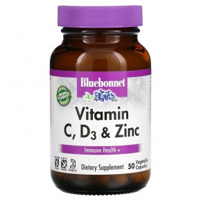 Bluebonnet Nutrition, витамины C, D3 и цинк, 50 растительных капсул - описание