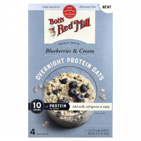 Bob's Red Mill, Overnight Protein Oats, цельнозерновые продукты, голубика и сливки, 4 пакетика по 60 г (2,12 унции) - описание | фото