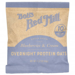 Bob's Red Mill, Overnight Protein Oats, цельнозерновые продукты, голубика и сливки, 4 пакетика по 60 г (2,12 унции) в Москве - eco-herb.ru | фото