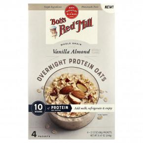 Bob's Red Mill, Overnight Protein Oats, цельнозерновые продукты, ваниль и миндаль, 4 пакетика по 60 г (2,12 унции) в Москве - eco-herb.ru | фото