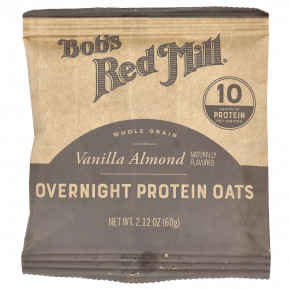 Bob's Red Mill, Overnight Protein Oats, цельнозерновые продукты, ваниль и миндаль, 4 пакетика по 60 г (2,12 унции) в Москве - eco-herb.ru | фото