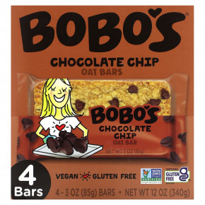 Bobo's Oat Bars, Овсяные батончики с шоколадной крошкой, 4 батончика по 85 г (3 унции) - описание | фото
