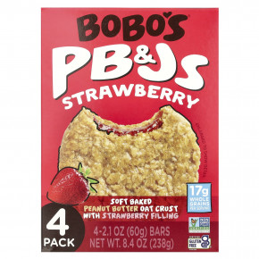 Bobo's Oat Bars, PB & Js, клубника, 4 упаковки по 60 г (2,1 унции) - подробнее Bobo's Oat Bars, PB & Js, клубника, 4 упаковки по 60 г (2,1 унции) - описание