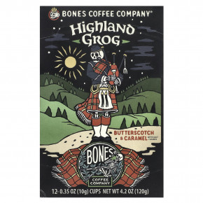 Bones Coffee Company, Highland Grog, кофейные чашки, ириска и карамель, 12 чашек по 10 г (0,35 унции) - описание