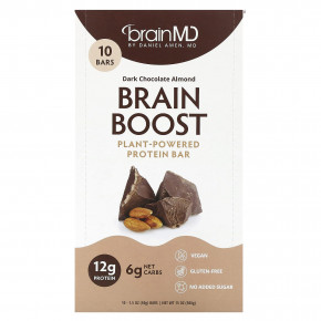 BrainMD, Brain Boost, батончик на растительной основе, протеиновый батончик, темный шоколад и миндаль, 10 батончиков по 50 г (1,5 унции) в Москве - eco-herb.ru | фото