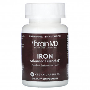 BrainMD, железо, 30 веганских капсул (25 мг в 1 капсуле) - описание | фото