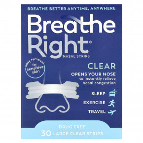 Breathe Right, Полоски для носа, большие, 30 прозрачных полосок - описание