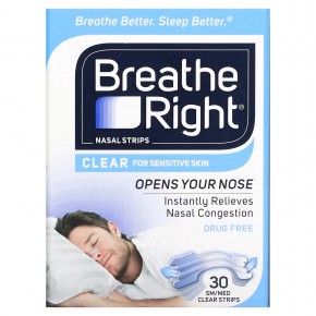 Breathe Right, Полоски для носа, средние / средние, прозрачные, 30 шт. - описание