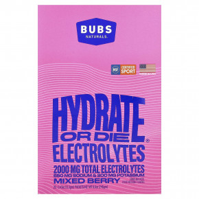 BUBS Naturals, Hydrate or Die®, смесь для приготовления электролитического напитка, со вкусом ягодного ассорти, 20 пакетиков по 12,3 г (0,43 унции) - описание