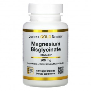 California Gold Nutrition, бисглицинат магния, с TRAACS®, 200 мг, 60 растительных капсул (100 мг в 1 капсуле) - описание