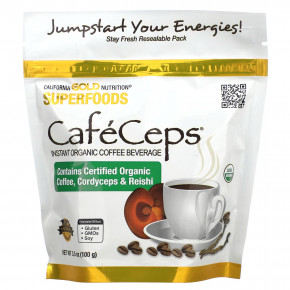 California Gold Nutrition, CafeCeps, сертифицированный органический растворимый кофе с порошком из органических грибов кордицепса и рейши полного спектра, 100 г (3,5 унции) - описание | фото