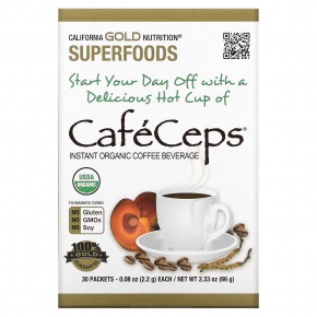 California Gold Nutrition, CafeCeps, сертифицированный органический растворимый кофе с порошком из грибов кордицепс и рейши, 30 пакетиков, 2,2 г (0,08 унции) в Москве - eco-herb.ru | фото