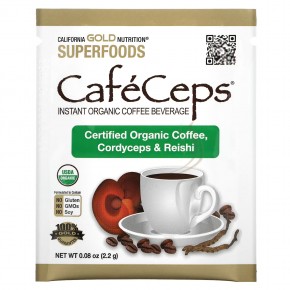 California Gold Nutrition, CafeCeps, сертифицированный органический растворимый кофе с порошком из грибов кордицепс и рейши, 30 пакетиков, 2,2 г (0,08 унции) в Москве - eco-herb.ru | фото