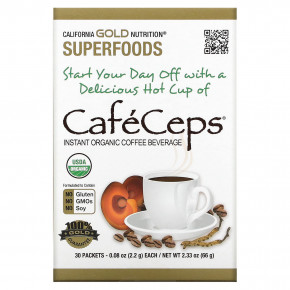California Gold Nutrition, CafeCeps, сертифицированный органический растворимый кофе с порошком из грибов кордицепс и рейши, 30 пакетиков по 2,2 г (0,08 унции) - описание | фото
