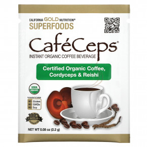 California Gold Nutrition, CafeCeps, сертифицированный органический растворимый кофе с порошком из грибов кордицепс и рейши, 30 пакетиков по 2,2 г (0,08 унции) в Москве - eco-herb.ru | фото