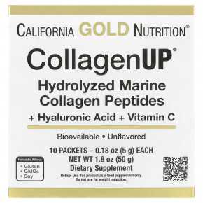 California Gold Nutrition, CollagenUP, гидролизованные пептиды морского коллагена с гиалуроновой кислотой и витамином С, без ароматизаторов, 10 пакетов по 0,18 унции (5 г) каждый в Москве - eco-herb.ru | фото