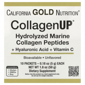 California Gold Nutrition, CollagenUP®, гидролизованные пептиды морского коллагена с гиалуроновой кислотой и витамином C, с нейтральным вкусом, 10 пакетиков по 5 г (0,18 унции) - описание | фото