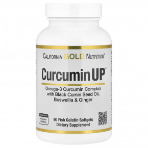 California Gold Nutrition, CurcuminUP™ с комплексом куркумина и омега-3, маслом из семян чёрного тмина, босвеллией и имбирём, 90 капсул из рыбьего желатина - описание | фото
