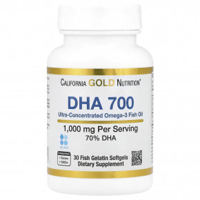 California Gold Nutrition, DHA 700, рыбий жир, ультраконцентрированный, 1000 мг, 30 капсул из рыбьего желатина - описание | фото