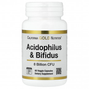 California Gold Nutrition, добавка с ацидофильными лактобактериями и бифидобактерями, смесь пробиотиков с ацидофильными лактобактериями, бифидобактериями лактис и бифидобактериями лонгум, 60 вегетарианских капсул - описание | фото