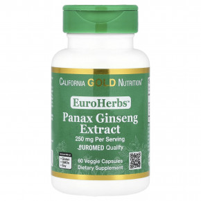 California Gold Nutrition, EuroHerbs ™, экстракт женьшеня обыкновенного, качество Euromed, 250 мг, 60 растительных капсул - описание | фото