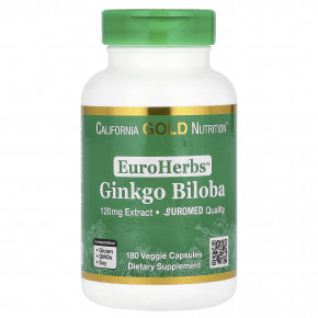 California Gold Nutrition, EuroHerbs™, экстракт гинкго билоба, качество Euromed, 120 мг, 180 растительных капсул - описание | фото