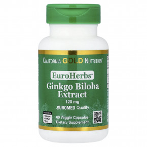 California Gold Nutrition, EuroHerbs™, экстракт гинкго билоба, качество Euromed, 120 мг, 60 растительных капсул - описание | фото