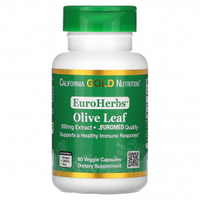 California Gold Nutrition, EuroHerbs™, экстракт листьев оливкового дерева, качество Euromed, 500 мг, 60 растительных капсул - описание