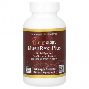 California Gold Nutrition, Fungiology, MushRex Plus, Immune Assist™ Micron, комплекс грибов полного спектра, сертифицированный органический продукт, 120 растительных капсул в Москве - eco-herb.ru | фото