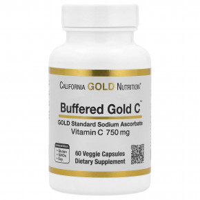 California Gold Nutrition, Gold C, GOLD Standard, буферизованный витамин C, аскорбат натрия, 750 мг, 60 растительных капсул - описание