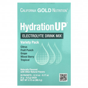 California Gold Nutrition, HydrationUP®, смесь для приготовления напитка с электролитами, с лактатом кальция, витаминами C и E, ассорти вкусов, 20 пакетиков по 4–4,8 г (0,14–0,17 унции) - описание | фото