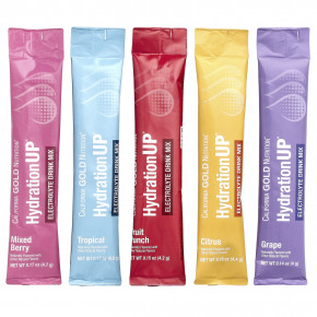 California Gold Nutrition, HydrationUP®, смесь для приготовления напитка с электролитами, с лактатом кальция, витаминами C и E, ассорти вкусов, 20 пакетиков по 4–4,8 г (0,14–0,17 унции) в Москве - eco-herb.ru | фото