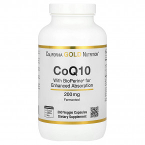 California Gold Nutrition, коэнзим Q10 с экстрактом чёрного перца Bioperine®, 200 мг, 360 растительных капсул - описание | фото