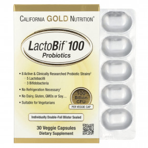 California Gold Nutrition, LactoBif® 100, пробиотики, 100 млрд КОЕ, 30 растительных капсул - описание | фото