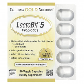 California Gold Nutrition, LactoBif® 5, пробиотики, 5 млрд КОЕ, 120 растительных капсул - описание