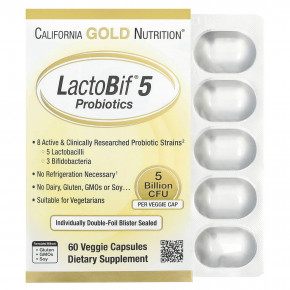 California Gold Nutrition, LactoBif® 5, пробиотики, 5 млрд КОЕ, 60 растительных капсул - описание | фото
