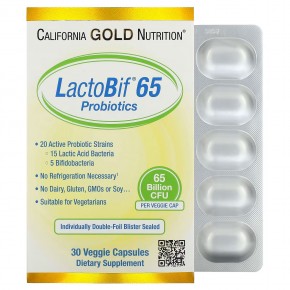 California Gold Nutrition, LactoBif 65, пробиотики, 65 млрд КОЕ, 30 вегетарианских капсул - описание