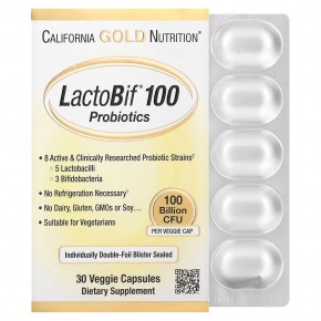 California Gold Nutrition, LactoBif 100, пробиотики, 100 млрд КОЕ, 30 вегетарианских капсул - описание