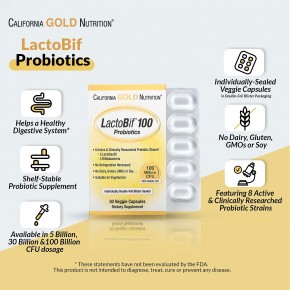 California Gold Nutrition, LactoBif 100, пробиотики, 100 млрд КОЕ, 30 вегетарианских капсул в Москве - eco-herb.ru | фото