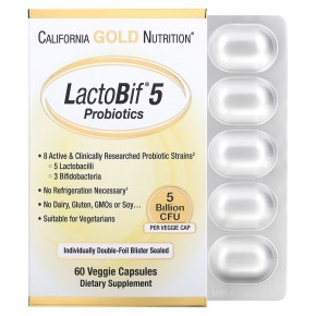 California Gold Nutrition, LactoBif 5, пробиотики, 5 млрд КОЕ, 60 вегетарианских капсул - описание