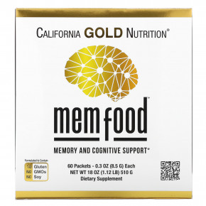 California Gold Nutrition, MEM Food, добавка для поддержки памяти и когнитивных функций со смесью MEM, L-серином, органическим ежовиком гребенчатым и порошком из сока голубики, 60 пакетиков по 8,5 г (0,3 унции) - описание | фото