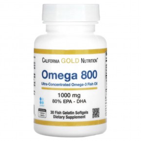 California Gold Nutrition, омега 800, ультраконцентрированный рыбий жир с омега-3, в форме триглицеридов KD-Pur, 1000 мг, 30 капсул из рыбьего желатина - описание