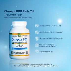 California Gold Nutrition, омега 800, ультраконцентрированный рыбий жир с омега-3, в форме триглицеридов KD-Pur, 1000 мг, 30 капсул из рыбьего желатина в Москве - eco-herb.ru | фото