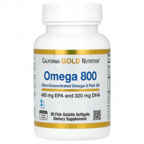 California Gold Nutrition, омега 800, ультраконцентрированный рыбий жир с омега-3, в форме триглицеридов KD-Pur, 1000 мг, 30 капсул из рыбьего желатина - описание | фото