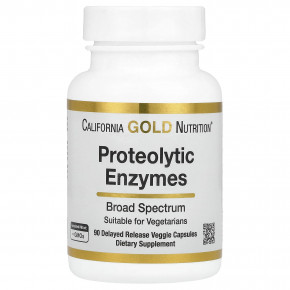 California Gold Nutrition, протеолитические ферменты со смесью фруктовых ферментов, рутином, альтернативной смесью панкреатина и серратиопептидазой, 90 растительных капсул с отсроченным высвобождением - описание | фото