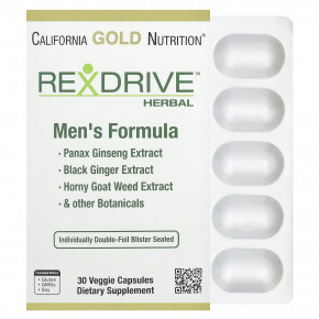 California Gold Nutrition, Rexdrive™, растительная добавка для мужчин, с экстрактами женьшеня обыкновенного, чёрного имбиря, горянки и растительными смесями, 30 растительных капсул - описание | фото
