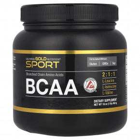 California Gold Nutrition, Sport, BCAA в порошке, аминокислоты с разветвлённой цепью AjiPure® с L-лейцином, L-изолейцином и L-валином, 454 мг (1 фунт) - описание | фото