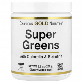 California Gold Nutrition, суперзелень со спирулиной, хлореллой, келпом и яблочным пектином, 250 г (8,8 унции) - описание | фото