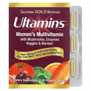 California Gold Nutrition, Ultamins Women's Multivitamin with CoQ10, Mushrooms, Enzymes, Veggies & Berries, 60 Veggie Capsules в Москве - eco-herb.ru | фото